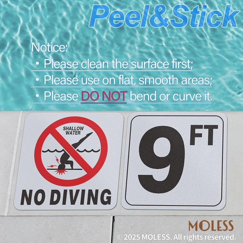 MOLESS 9FT Pool Depth Marker Stickers – 6x6″ Anti-Slip Vinyl Tile Stickers for Swimming Pool Safety Signs, Adhesive Pool Depth Markers for Decks, 9 FT (1 Pack) - Image 4